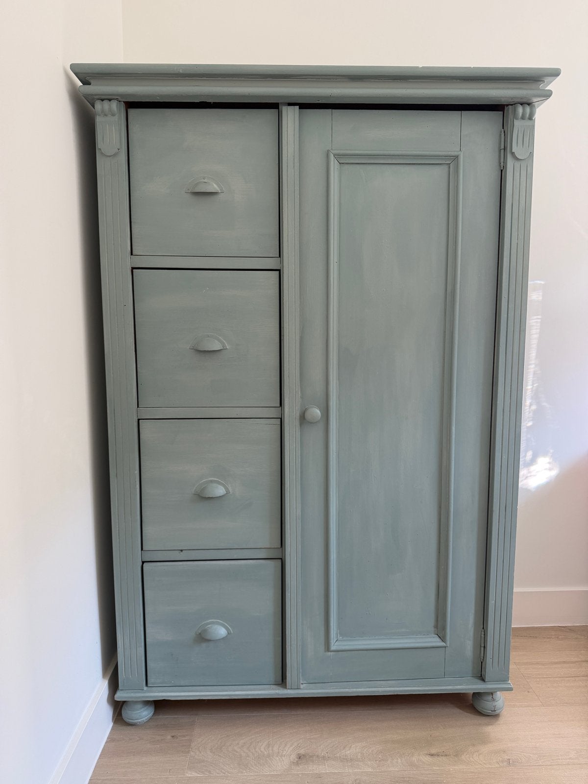 Brocante Vintage Kast - Grijs/Groen - 4 Laden & Deur, Ophalen
