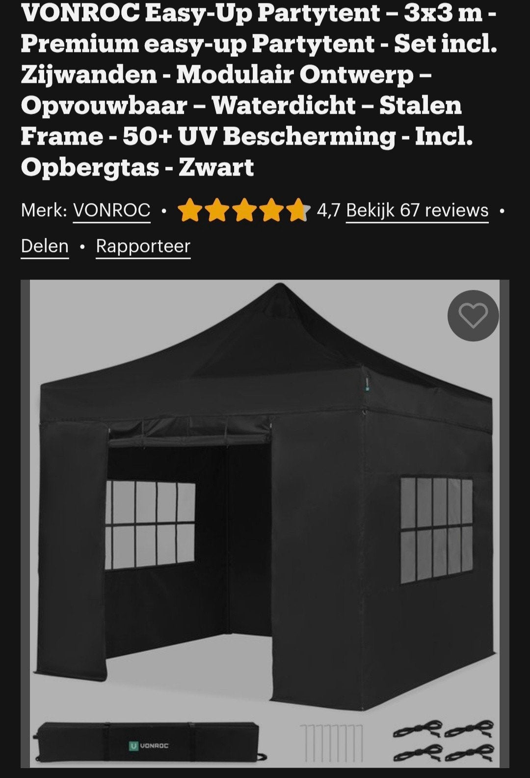 VONROC Easy-up Partytent - 3x3 m - Zwart, Opvouwbaar, Partytent, Minder dan 4 meter, Zo goed als nieuw