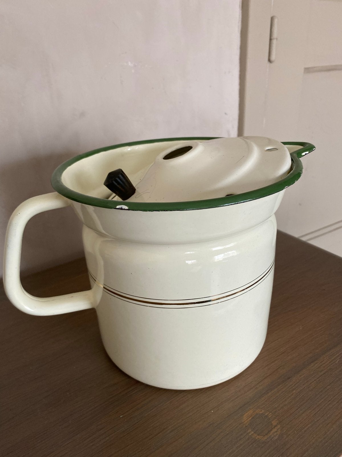 Vintage emaille melk kan - Crème/Groen, Ophalen of Verzenden