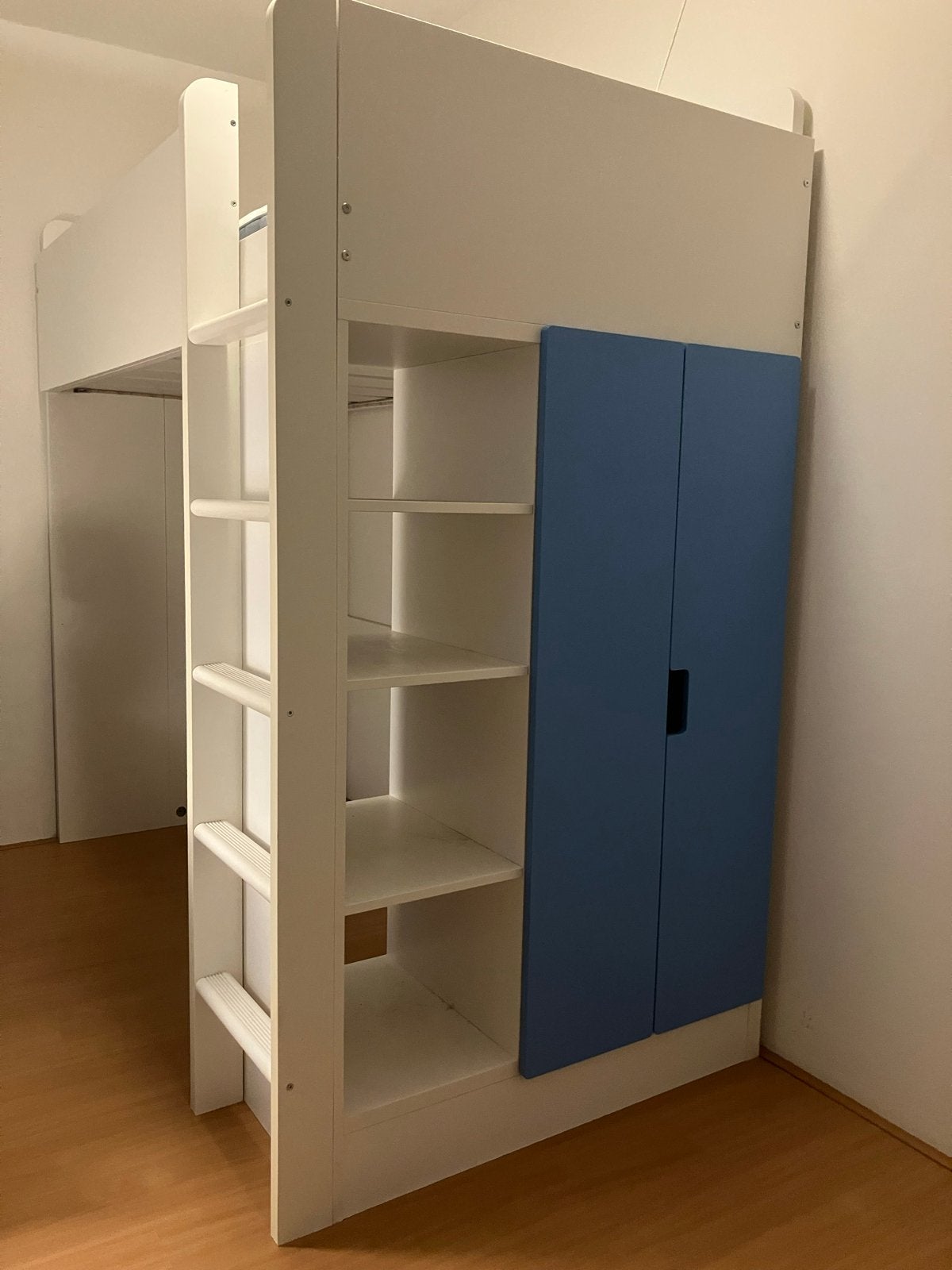 IKEA Hoogslaper Blauw-Wit met Kast en Lattenbodem, Ophalen, Gebruikt, Eenpersoons, 200 cm