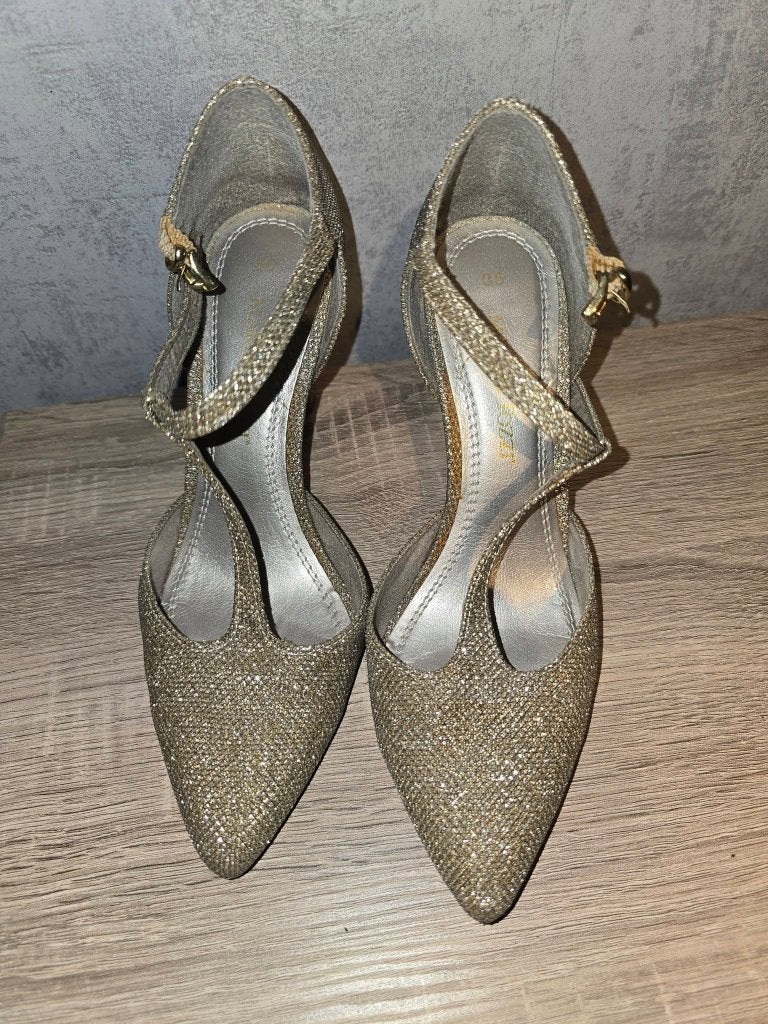 Gouden glitter pumps met bandjes - Maat 36, Overige kleuren, Zo goed als nieuw, Ballerina's, Ophalen of Verzenden
