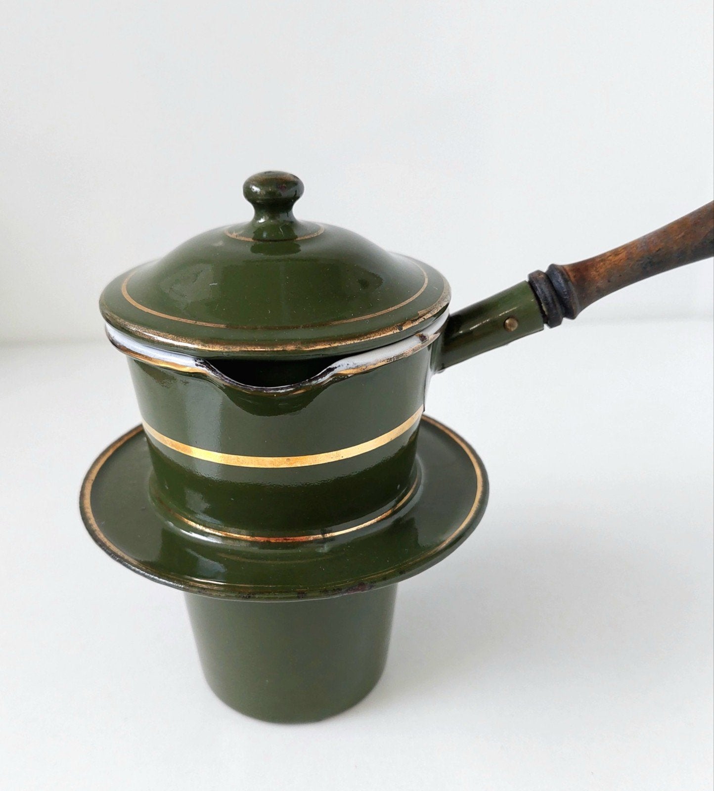 Oud Donkergroen Emaille Keukenemaille met gouden bies, Antiek en Kunst, Ophalen of Verzenden