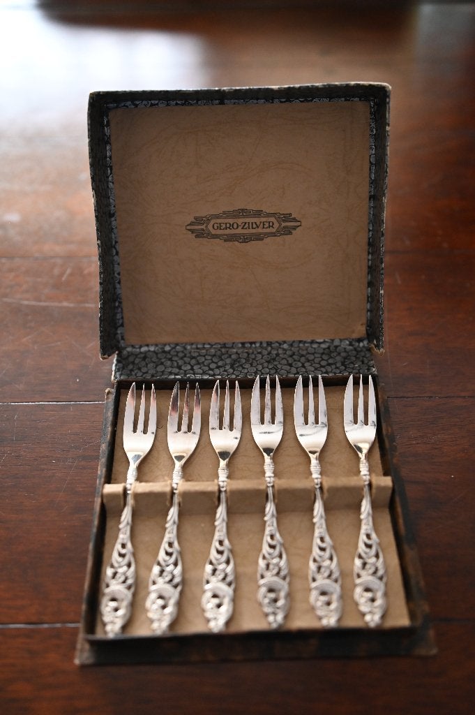Vintage set van 6 gebakvorkjes  Gero-silver in org. doos, Ophalen of Verzenden