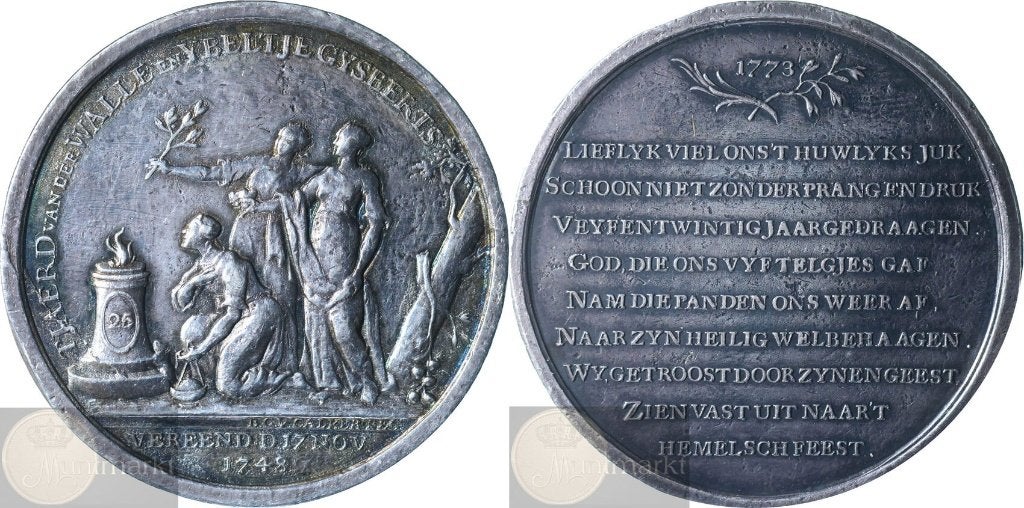 Historiepenning - 1773 Zilveren huwelijk 'Tjaerd en Ybeltje', Ophalen of Verzenden, Zilver, Nederland