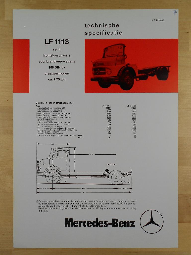 Mercedes LF 1113 Torpedo Brandweer 1976 Specificatie Folder, Boeken, Auto's | Folders en Tijdschriften, Zo goed als nieuw, Mercedes