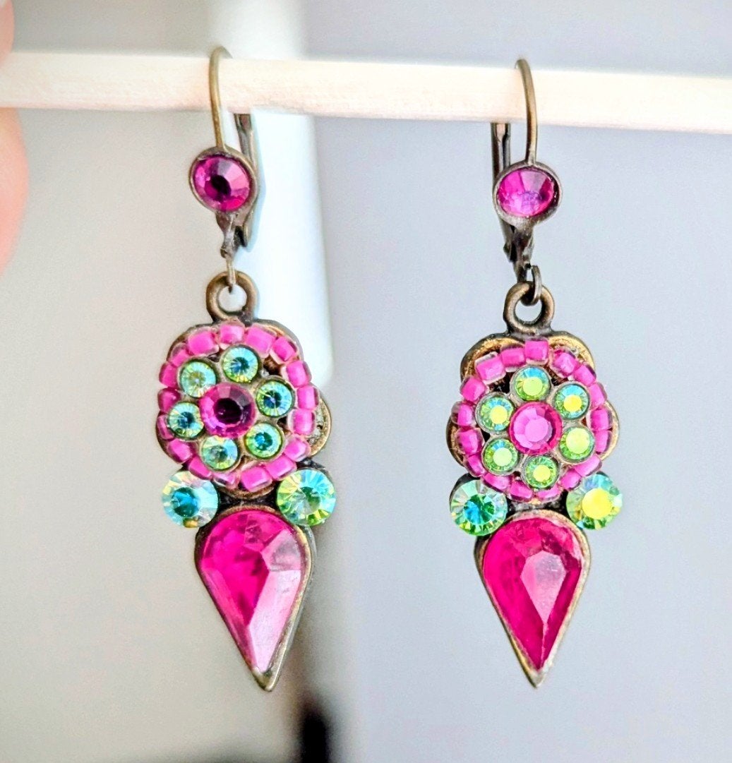 Vintage Michal Negrin Oorbellen – Fuchsia Swarovski Kristall, Sieraden, Tassen en Uiterlijk, Oorbellen, Ophalen of Verzenden, Zo goed als nieuw