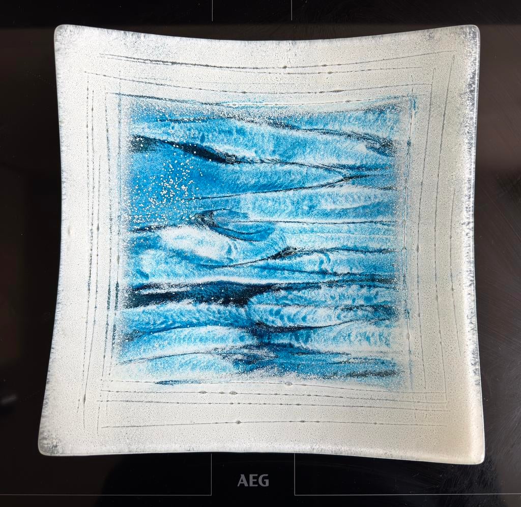 Chris Miseur glazen blauwwitte schaal 31x31cm (unicum), Antiek en Kunst, Ophalen of Verzenden