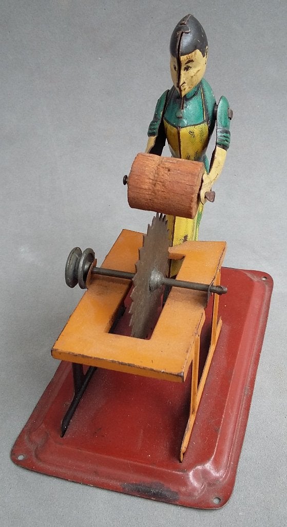 Jaren 30-40 Stoommachine Speelgoed Houtzager Figuur Man Blik, Ophalen of Verzenden