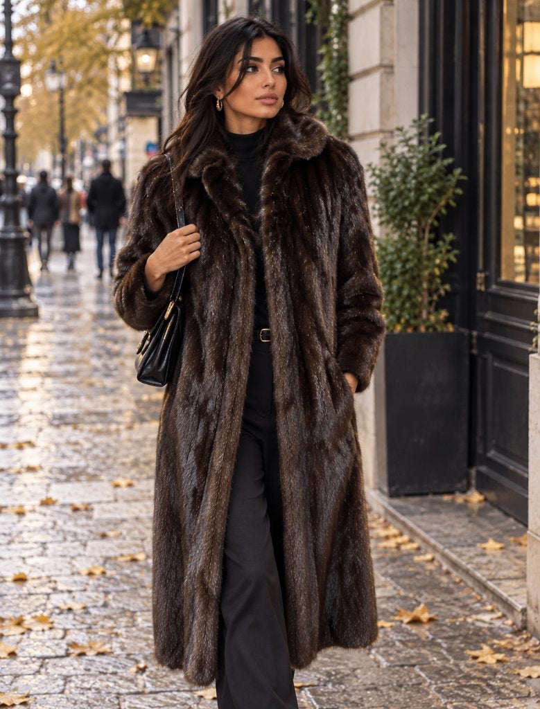 Mink Nerts. Lange bontjas donkerbruin, maat 36/38, Bruin, Zo goed als nieuw, Maat 36 (S), Mink