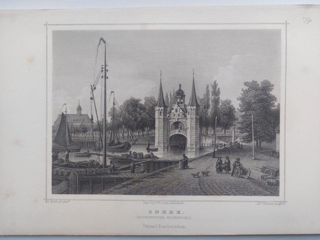 136 / Waterpoort te Sneek Gravure uit 1860 van J.L. Terwen, Ophalen of Verzenden