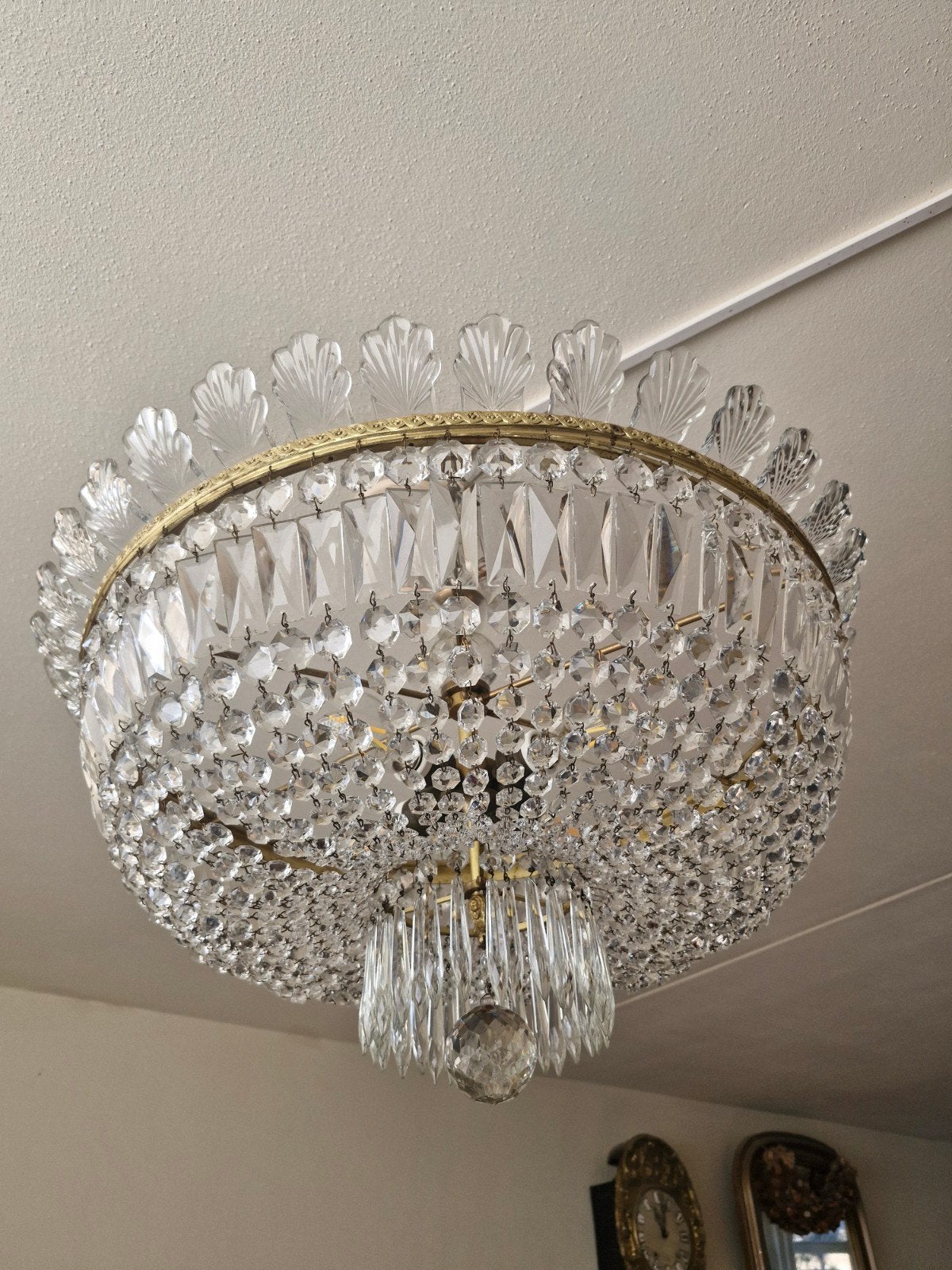 Prachtige, grote antieke kristallen plafonnière breed 65 cm, Ophalen of Verzenden