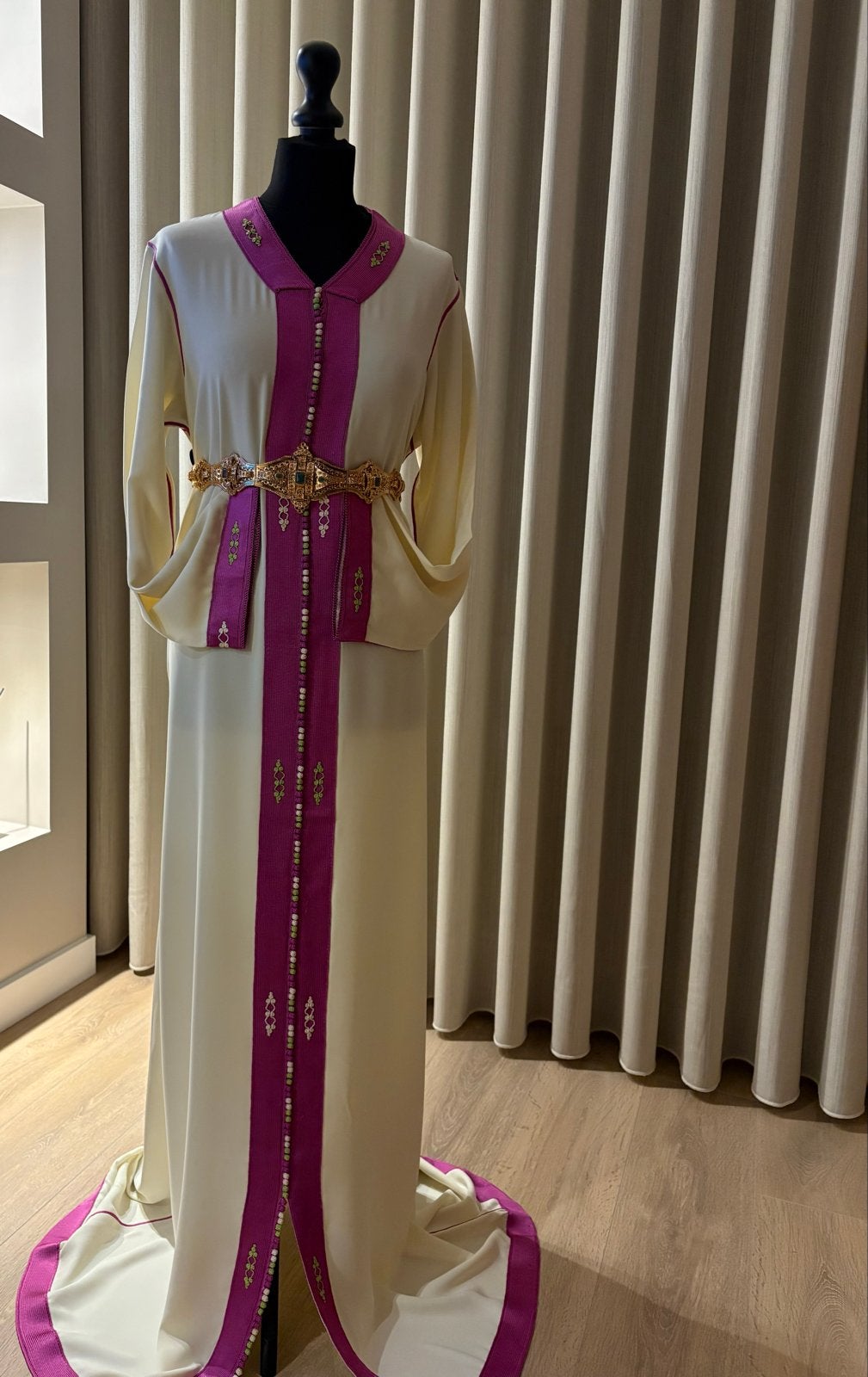 Elegante Marokkaanse Kaftan - Crème met Fuchsia accenten, Maat 38/40 (M), Overige typen, Meerkleurig, Nieuw