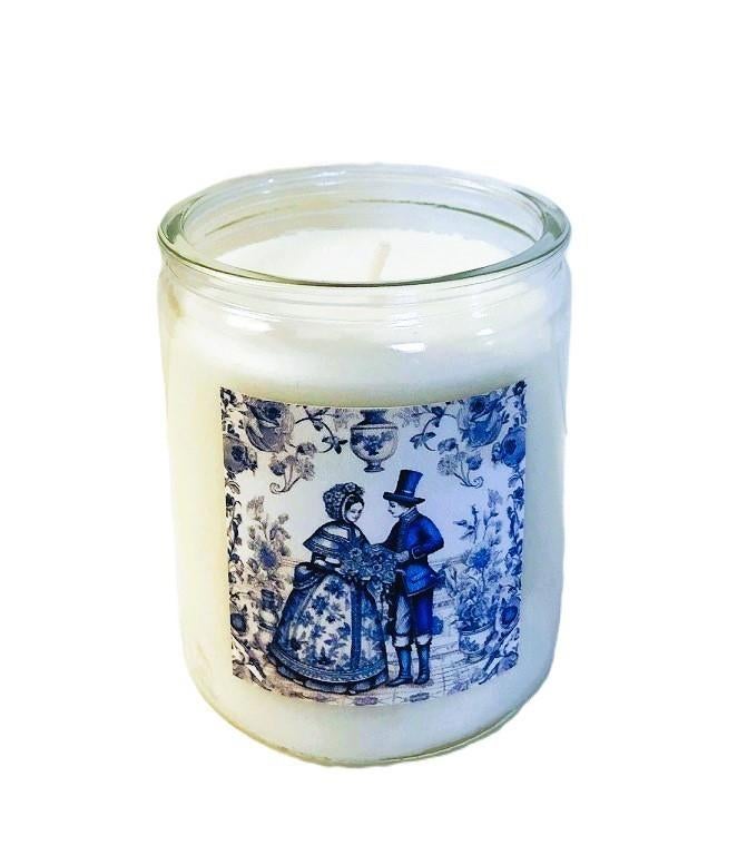 Kaars in glas wit met romantische man vrouw delfts blauw, Overige materialen, Verzenden, Wit, Nieuw