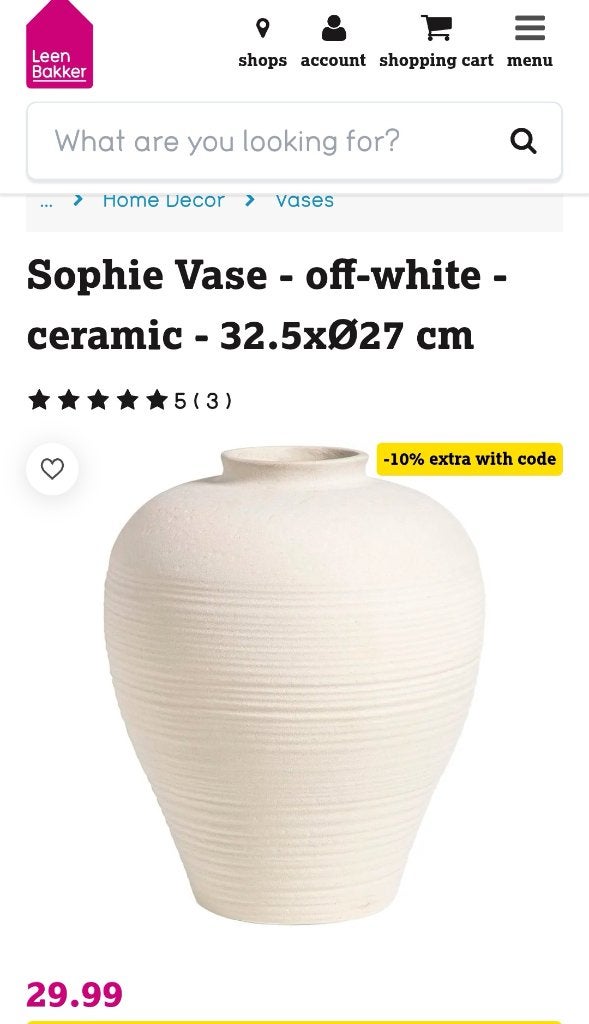 Vase, Ophalen, Zo goed als nieuw, Wit, 32 cm