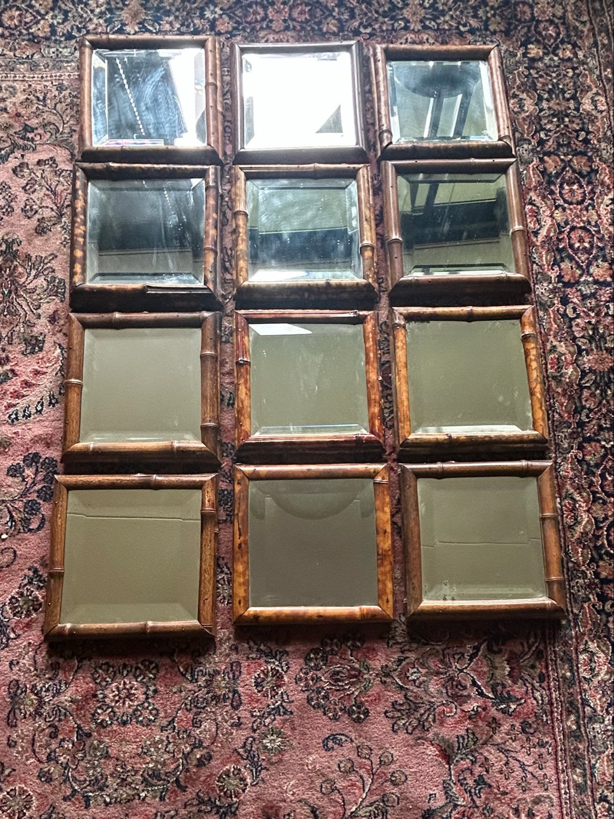 12 Antieke facet geslepen spiegels in bamboe lijst, Antiek en Kunst, Ophalen, Vierkant, Minder dan 50 cm, Minder dan 100 cm