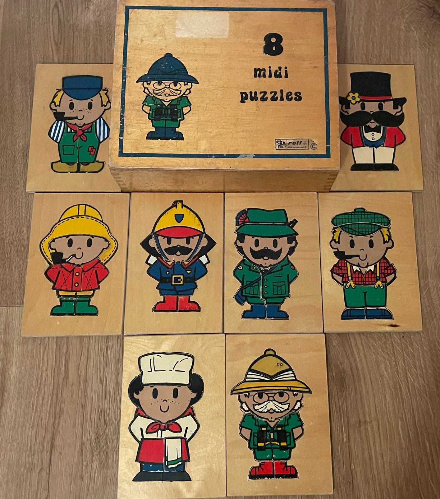 8 Houten Puzzels van ROLF met kist, Ophalen of Verzenden, 10 tot 50 stukjes, Gebruikt, Van hout
