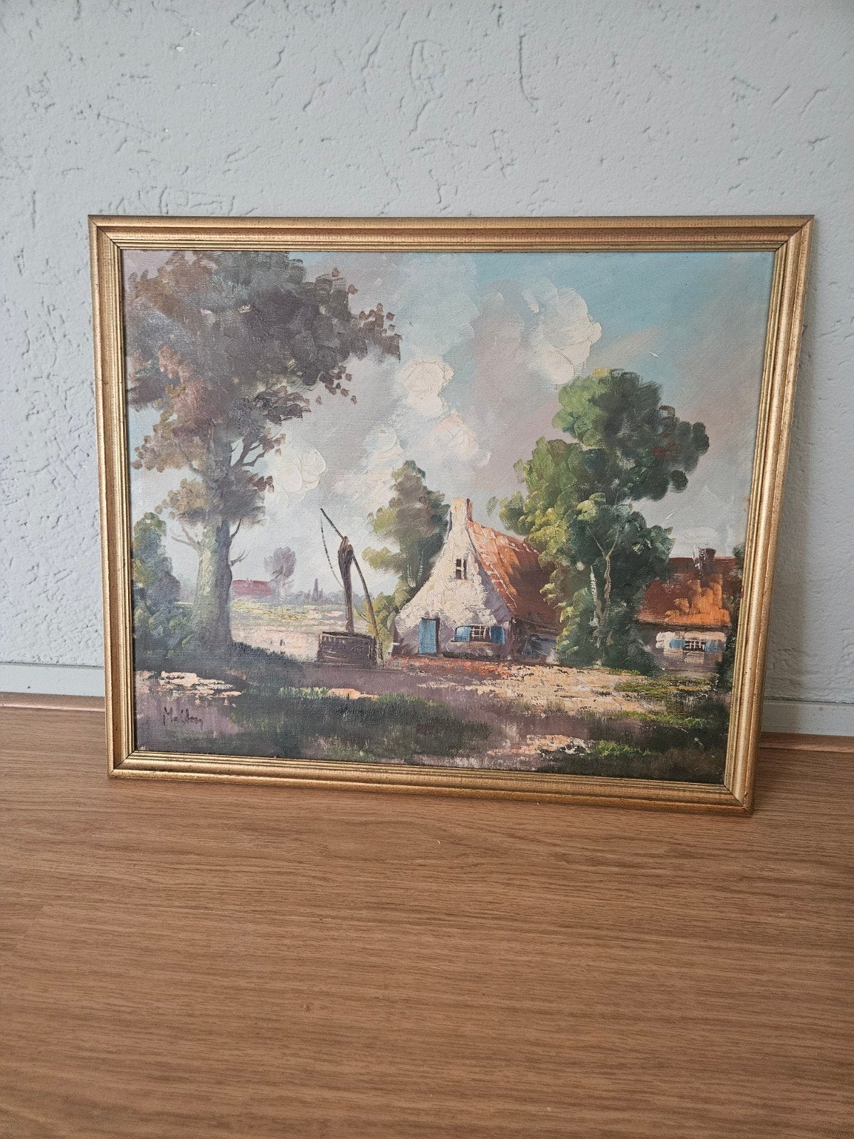 Olieverfschilderij Landschap met boerderij en waterput, Antiek en Kunst, Ophalen of Verzenden