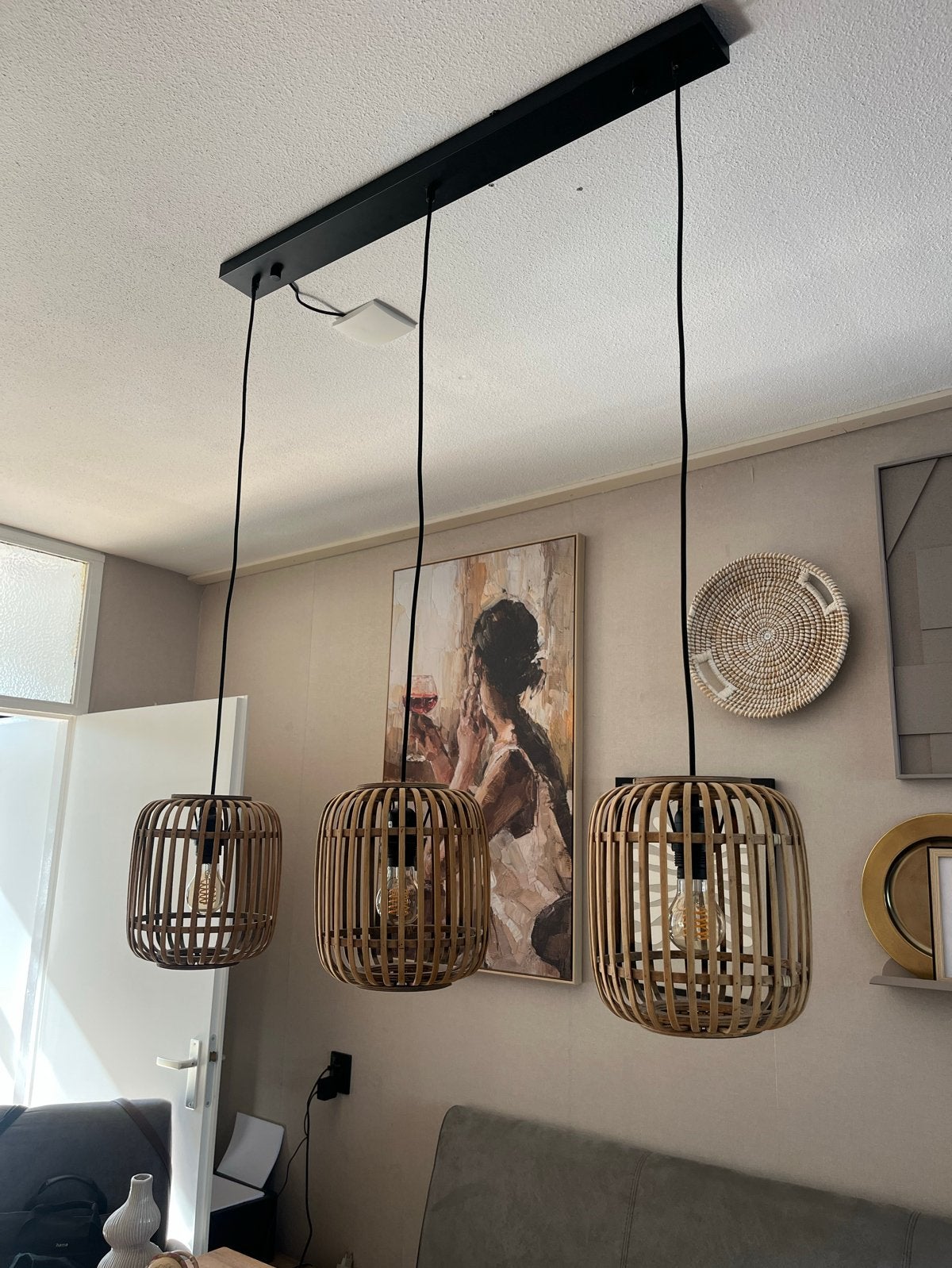 Set van 3 rotan hanglampen - Bohemian stijl, Huis en Inrichting, Lampen | Hanglampen, Ophalen, Zo goed als nieuw, Natuurlijk materiaal