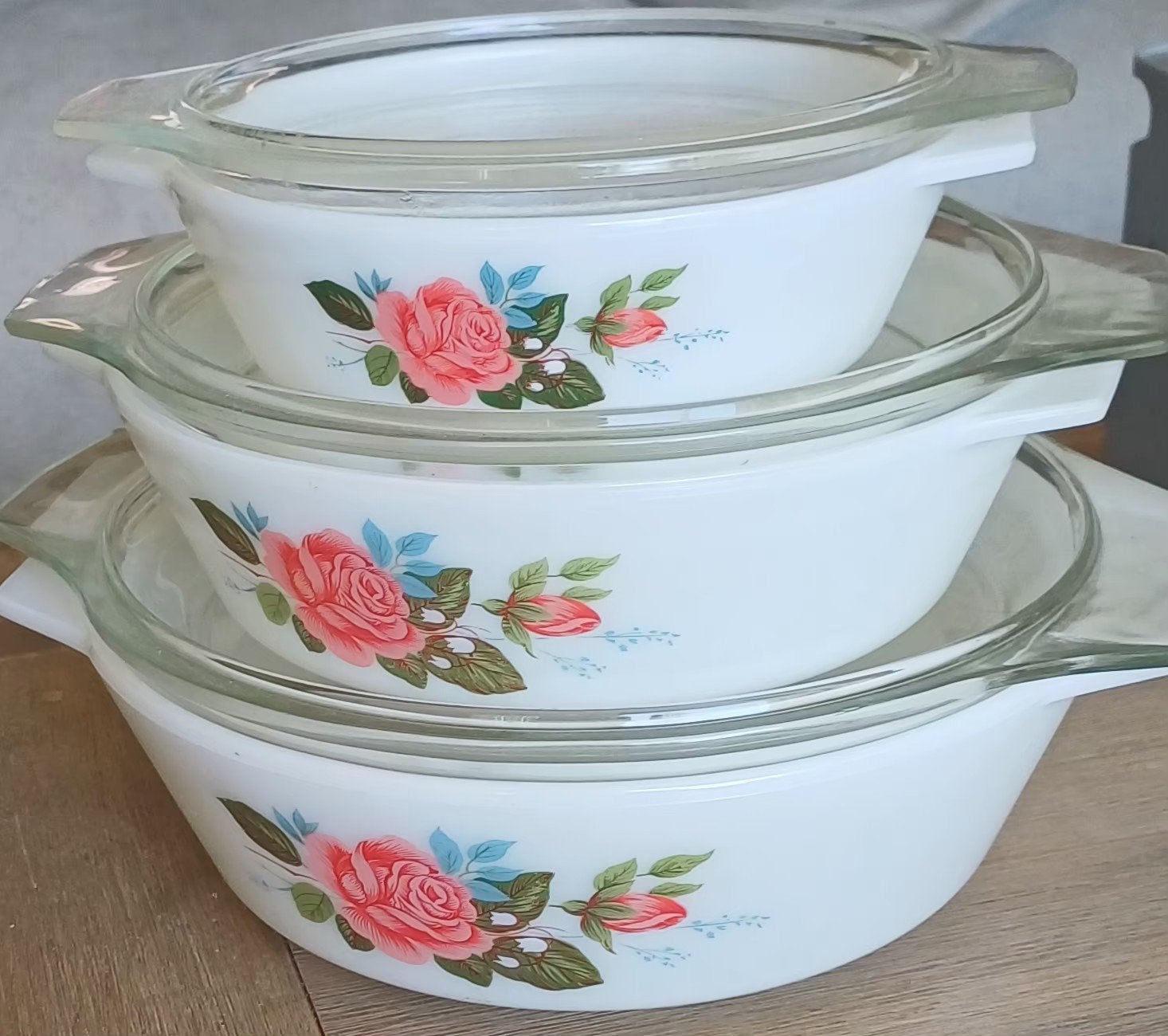 Vintage Pyrex ovenschalen set met rozenpatroon, Ophalen of Verzenden