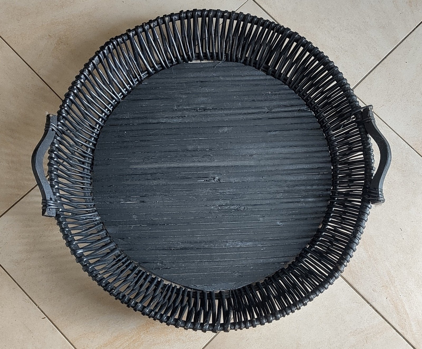 Grote zwarte rieten mand - 70cm diameter, Gebruikt, Mand, Rond, Ophalen of Verzenden