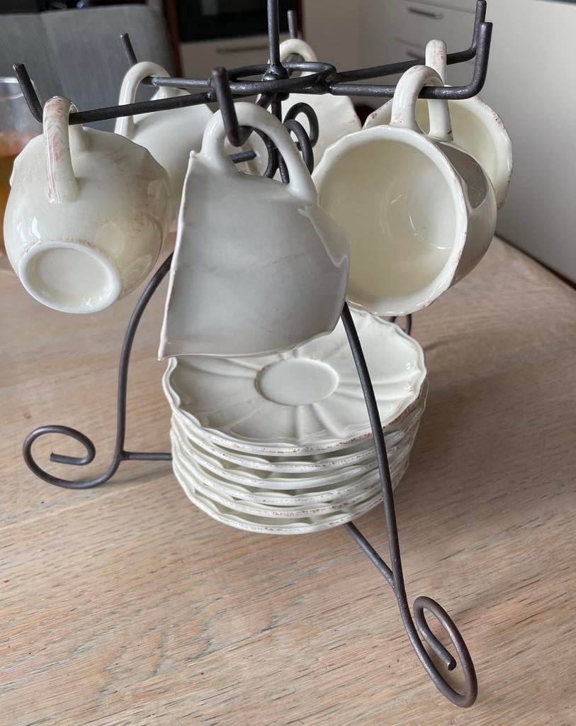 Set van 6 crèmekleurige kopjes en schotels met houder, Ophalen of Verzenden, Nieuw