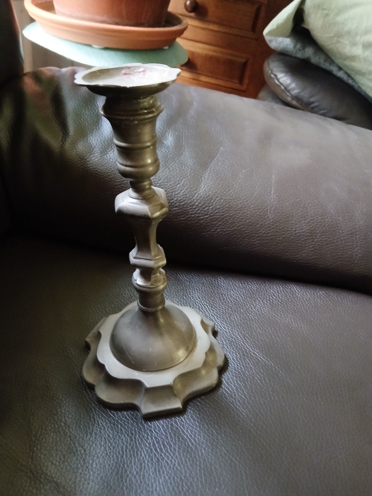 Antieke tinnen kandelaar - 24 cm hoog, Ophalen of Verzenden