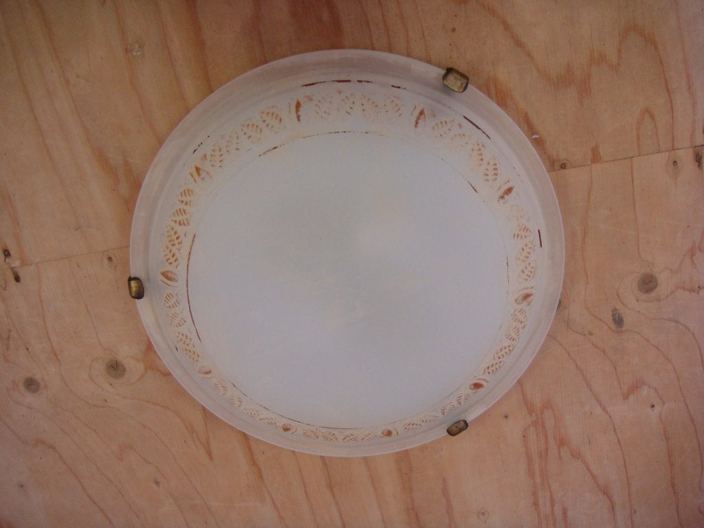 Art deco plafondlamp melkglas met reliëf 40cm, Zo goed als nieuw, Plafondlamp, Glas, E27 (groot)
