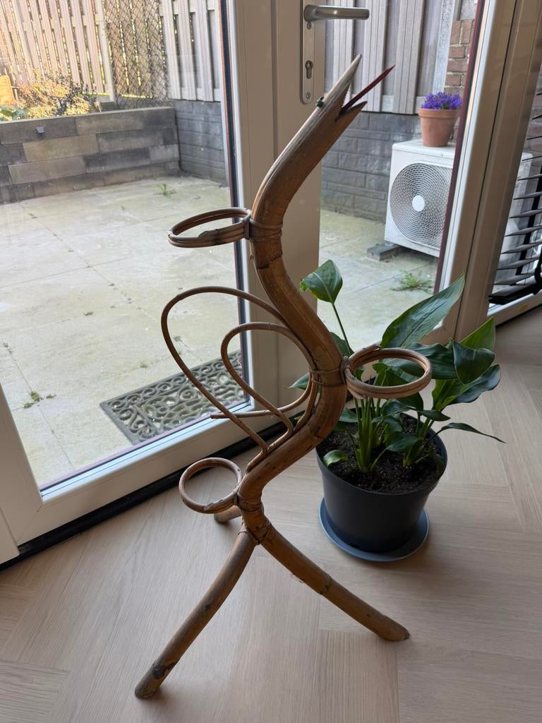 Vintage rotan planten slang met plek voor drie potjes, Ophalen, Gebruikt