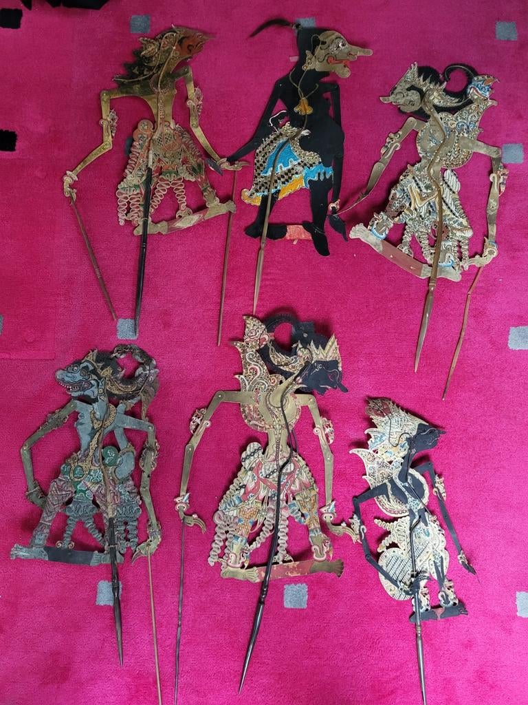 Set van 6 Wayang Kulit poppen - Indonesische schaduwpoppen, Ophalen of Verzenden