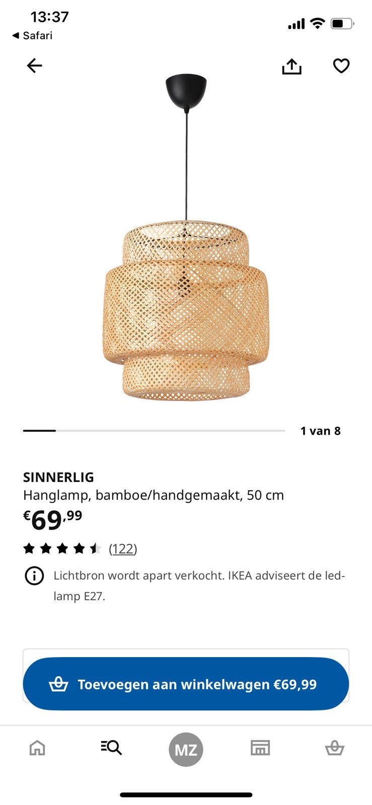 Sinnerlig Hanglamp bamboe, Ophalen, Zo goed als nieuw, Natuurlijk materiaal, E27 (groot)