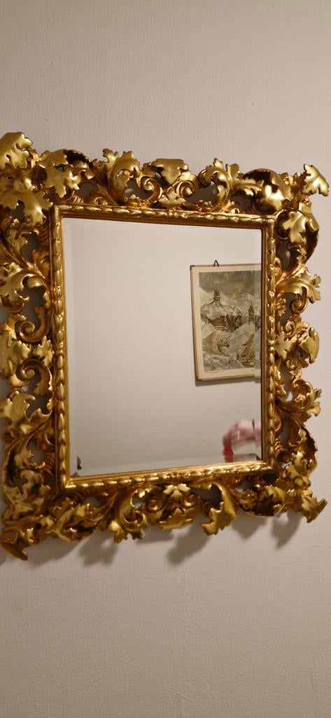 Antieke Rococo spiegel met bladgoud, Antiek en Kunst, Ophalen, Rechthoekig