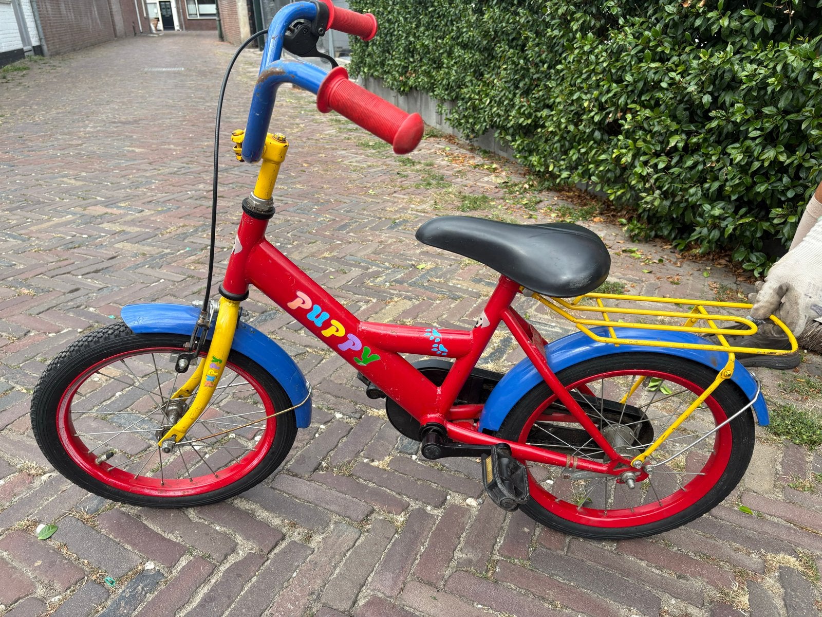 Kinderfiets Puppy Rood/Blauw - Gebruikt, Ophalen of Verzenden, Gebruikt, Terugtraprem, 16 tot 20 inch