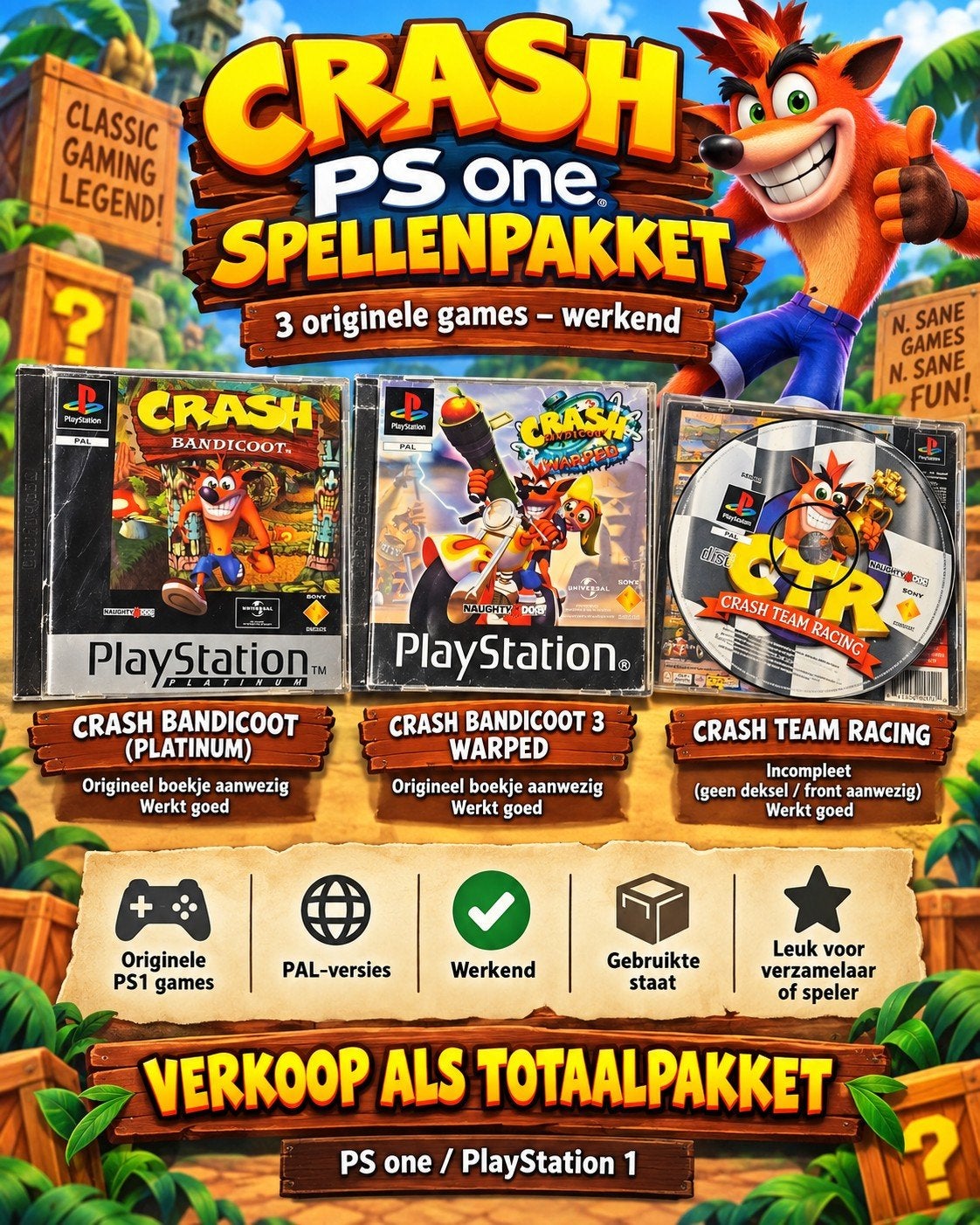 Crash Bandicoot PS1 Spellen Pakket - 3 Originele Games, Spelcomputers en Games, Gebruikt, 1 speler, Ophalen of Verzenden, Vanaf 3 jaar