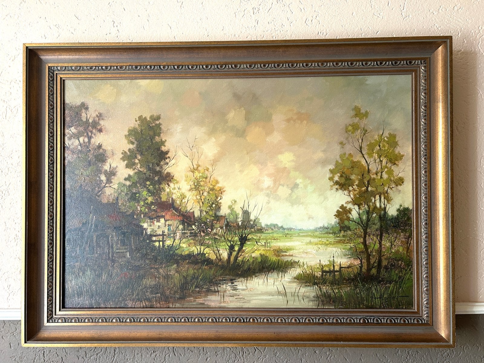 Groot olieverf schilderij landschap in mooie lijst 105 cm, Antiek en Kunst, Ophalen, Doek, Gesigneerd, Landschap