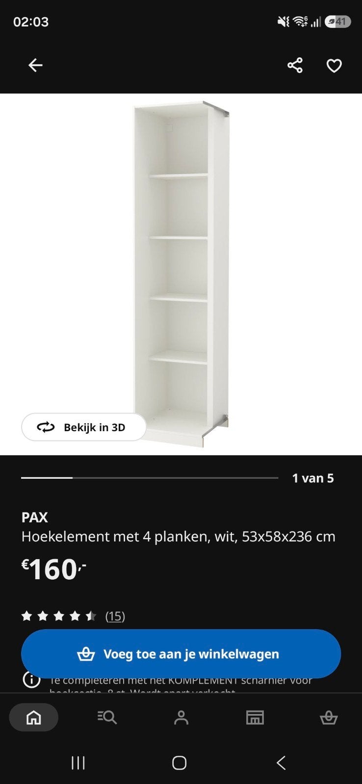 Ikea PAX Hoekelement + lades / planken, wit, links, Huis en Inrichting, Ophalen, Zo goed als nieuw