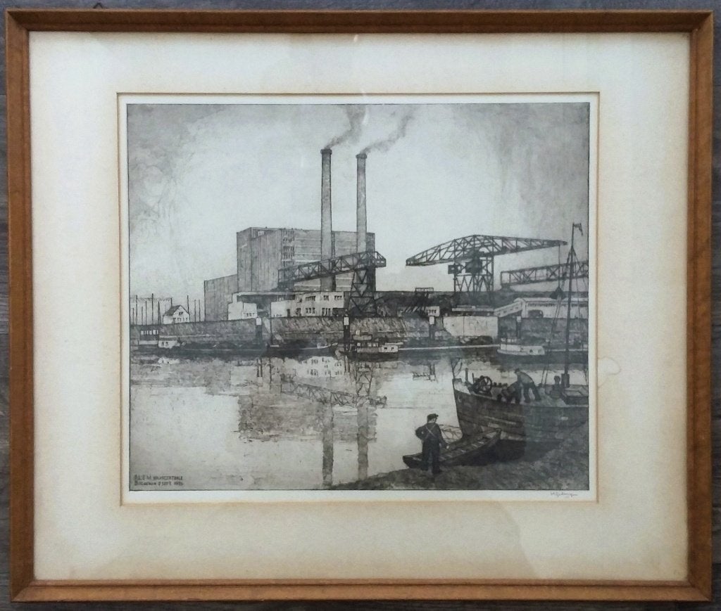 Jaar 1955 Grote Ets Grafiek Elektriciteits Centrale Buggenum, Gesigneerd, 57 cm, Dagelijks leven, 1950 - 1999