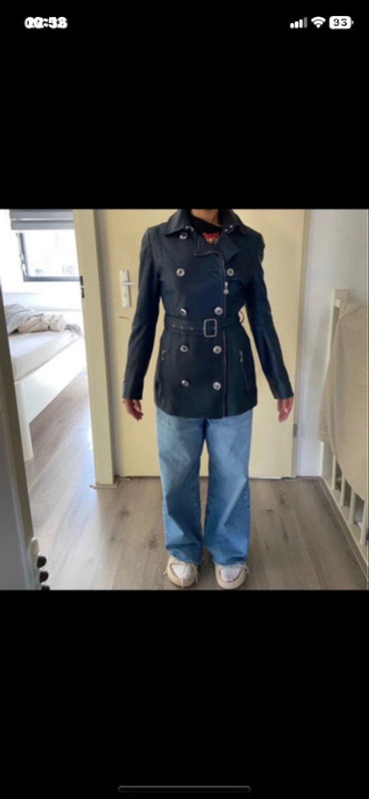 Stijlvolle Zwarte Leren Jas met Riem, Ophalen of Verzenden, Zo goed als nieuw, Maat 36 (S), Blauw
