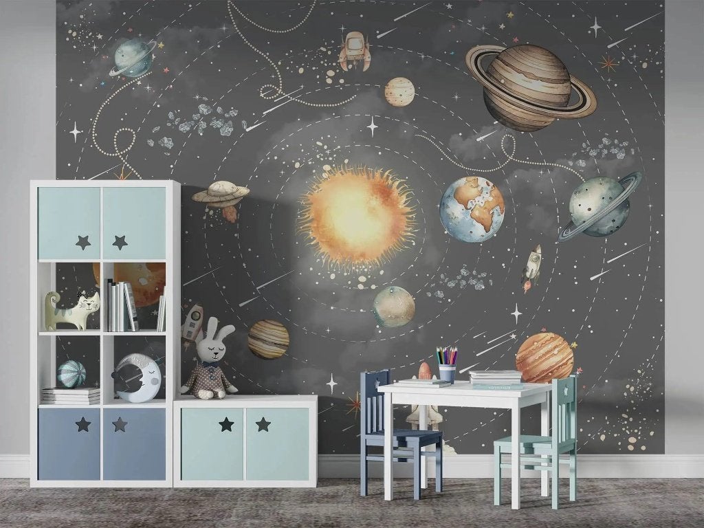 Ruimte behang kinderkamer – zonnestelsel op maat, Overige merken, Modern, Ophalen of Verzenden, Fotobehang