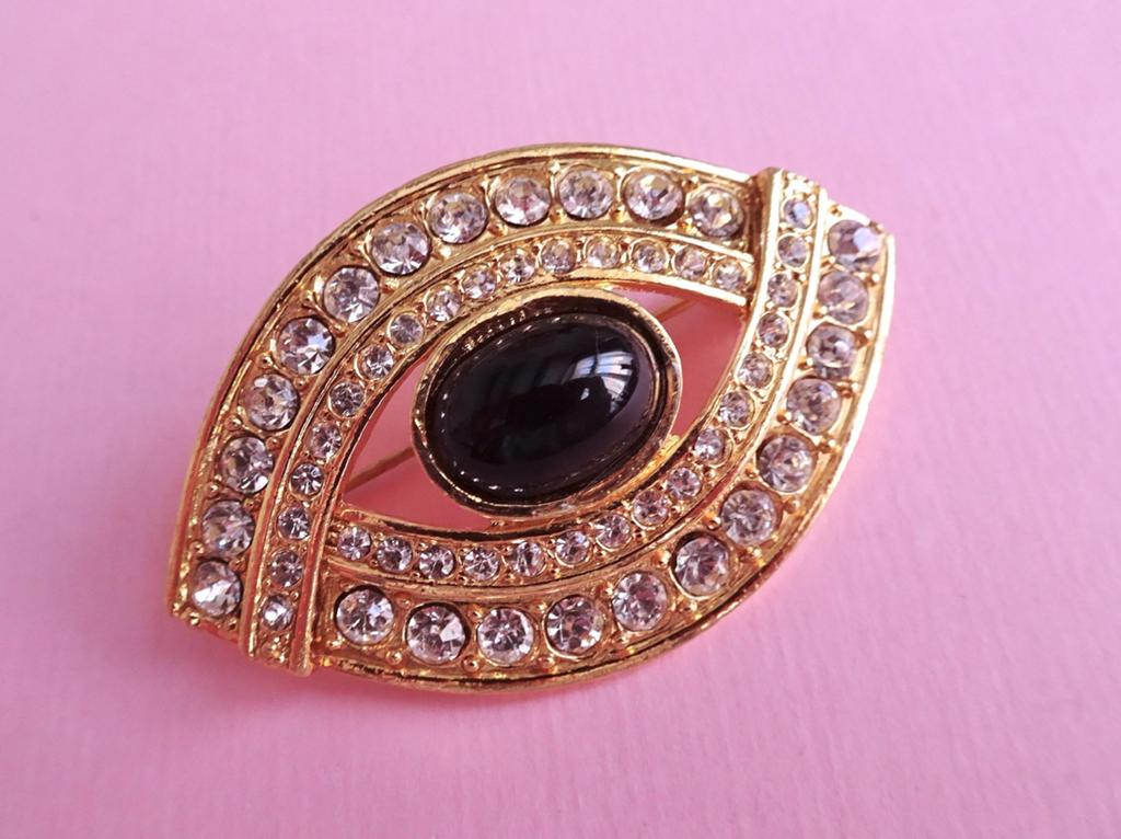jwg Vintage 70s 80s oog broche strass zwart verguld goud klr, Sieraden, Tassen en Uiterlijk, Verzenden, Overige materialen, Broche