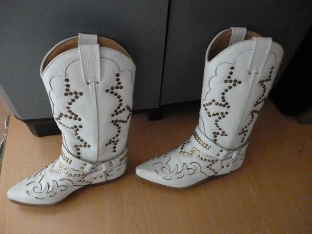 cowboy laarzen joep wit met goudkleurig studs leer, Hoge laarzen, Wit, Ophalen of Verzenden, Zo goed als nieuw