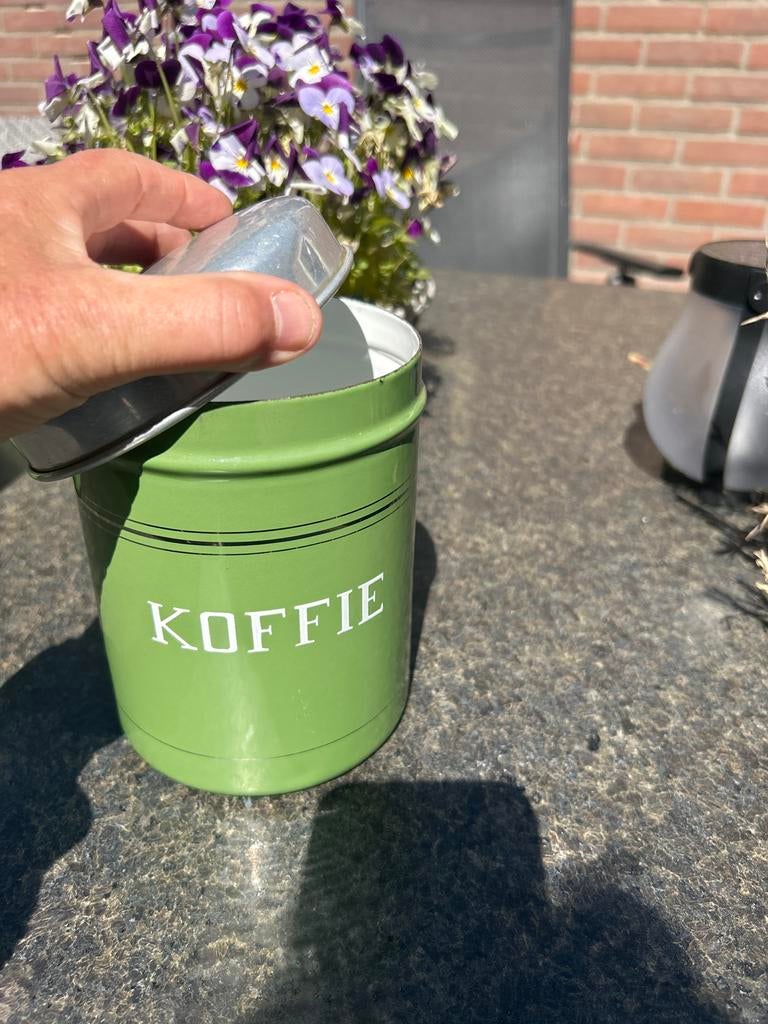 Vintage groene emaille koffiebus met aluminium deksel, Ophalen of Verzenden
