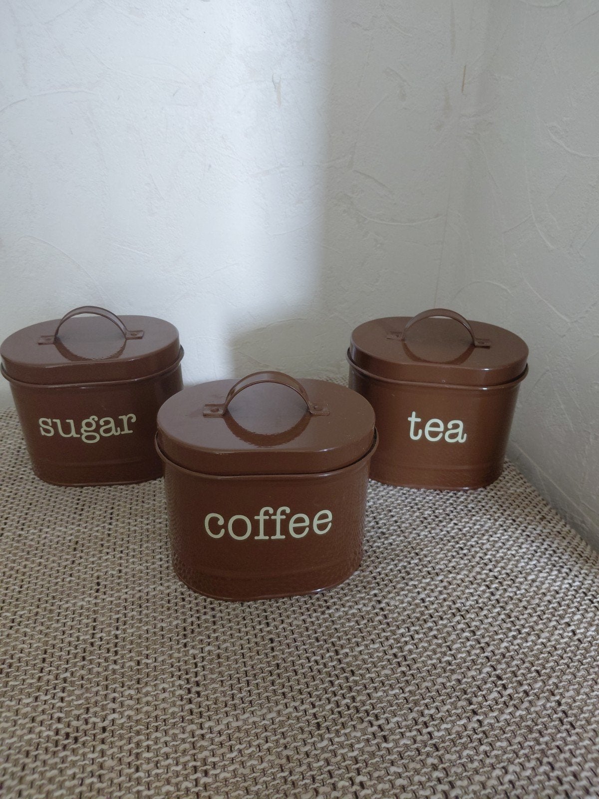 Vintage voorraadpotten suiker, koffie, thee - Bruin metaal, Ophalen of Verzenden