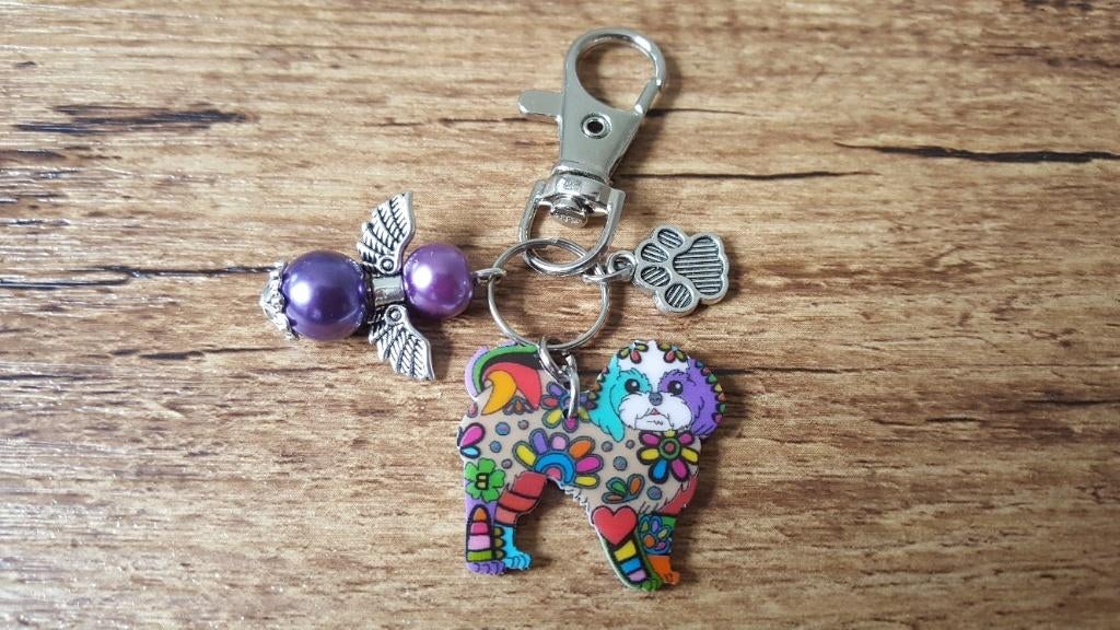 Sleutelhanger Maltezer Shih tzu cartoon met beschermengeltje, Verzenden, Nieuw