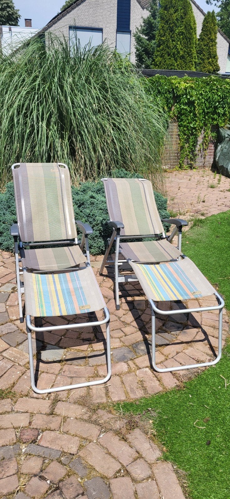 2 verstelbare campingstoelen met voetenbankjes, Ophalen, Gebruikt, Campingstoel