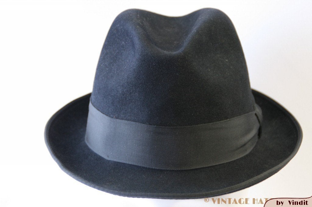 Vintage Gleufhoed Fedora Mayser zwart 55 = S tot XS, Ophalen of Verzenden, Hoed, Mayser, 57 cm (M, 7⅛ inch) of minder