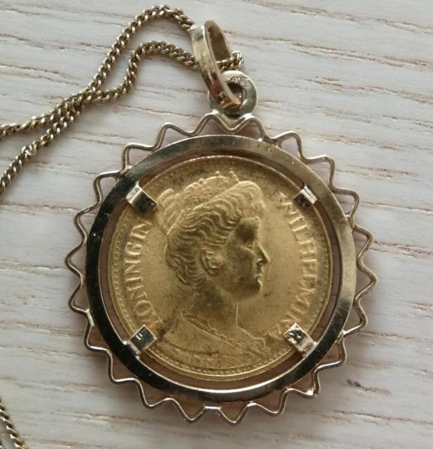 Gouden ketting met hanger, 1912 Wilhelmina 5 Gulden munt, Met hanger, Verzenden, Zo goed als nieuw, Goud