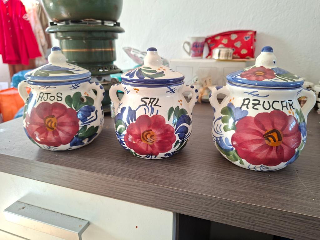 Set van 3 handgeschilderde Spaanse voorraadpotten, Antiek en Kunst, Ophalen of Verzenden