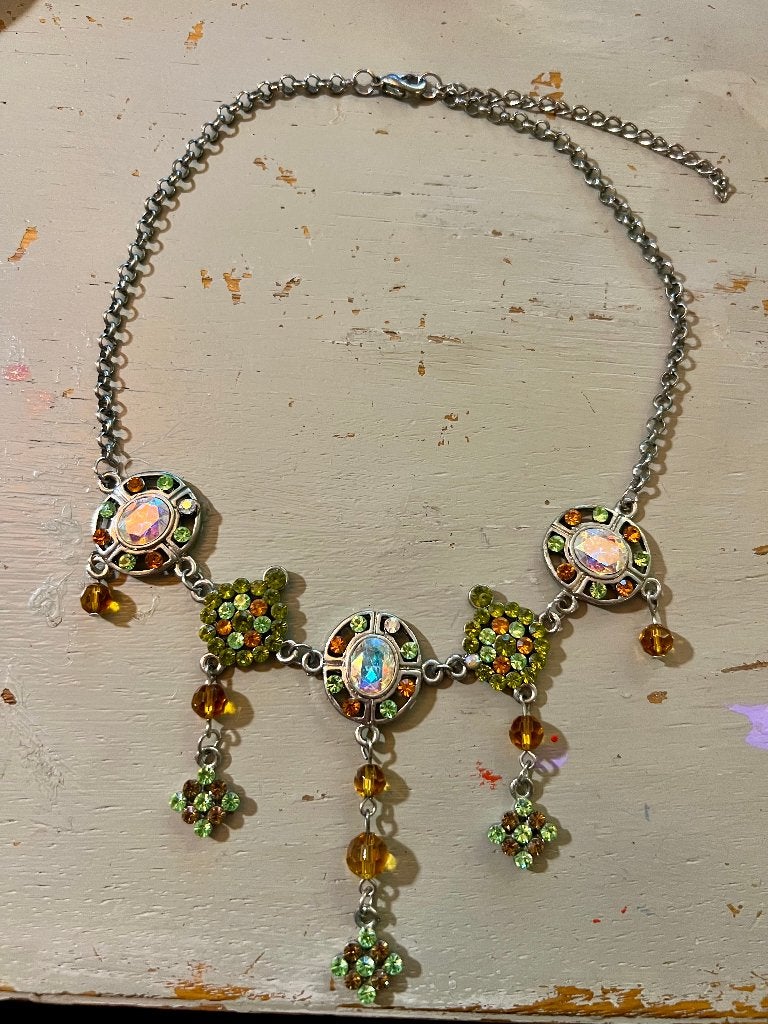 Vintage costume jewelry strass aurora borealis ketting boho, Overige materialen, Verstelbaar, Ophalen of Verzenden, Zo goed als nieuw