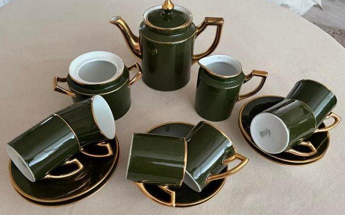 Walküre Porselein Koffie/Theeservies - Donkergroen met Goud, Ophalen of Verzenden