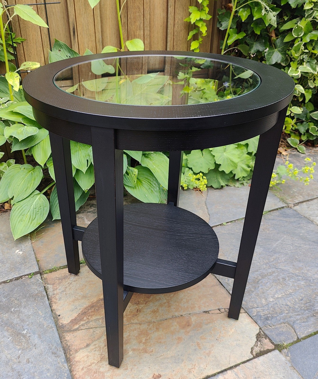 IKEA MALMSTA plantentafel zwart met glazen blad, Huis en Inrichting, Ophalen, Gebruikt, Rond, 55 tot 75 cm